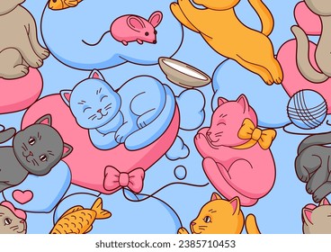 Pattern with cute kawaii cats. Fun animal background.