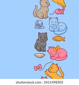 Pattern with cute kawaii cats. Fun animal background.