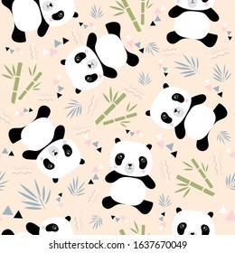 Pattern with cute kids pandas and bamboo. Kawaii style. 