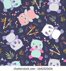 Pattern with cute kids pandas and bamboo. Kawaii style. 