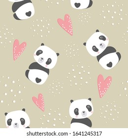Pattern with cute kids pandas and heart. Kawaii style. 