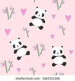 Pattern with cute kids pandas and heart. Kawaii style. 