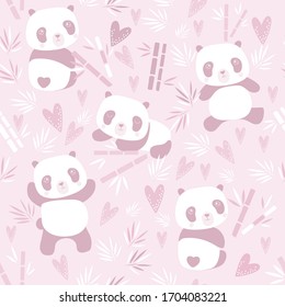 Pattern with cute kids pandas and heart. Kawaii style. Pattern for children's fabric or for children's printing