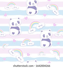 Pattern with cute kids pandas and rainbow stickers.Striped background. Kawaii style. 
