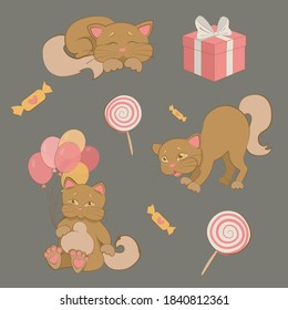 Pattern of cute kittens with balloons, gifts and sweets