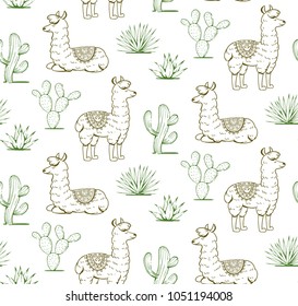 Pattern of cute lamas and mexican plants. Vector illustration.