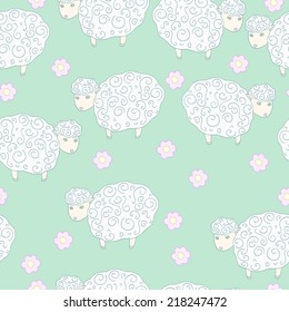 Pattern with cute lambs grazing in the meadow with flowers