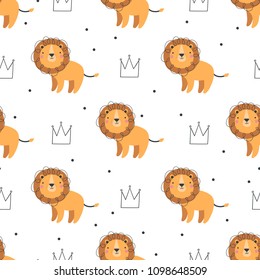 Pattern with cute lion on white background.