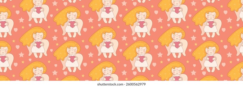 Pattern of cute little angel with wings. Dreamy angel with closed eyes and heart in hands. Vector background in childish style  for interior, pajamas, baby textile.
