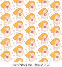 Pattern of cute little angel with wings. Dreamy angel with closed eyes and heart in hands. Vector background in childish style  for interior, pajamas, baby textile.