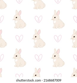 Pattern with cute little bunnies and hearts on white background. White cartoon rabbit print for textile or wrapping paper. 