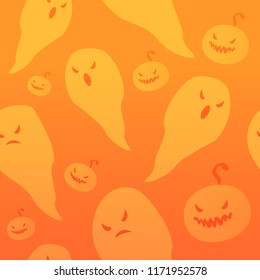 pattern of cute little cartoon ghosts on orange background.