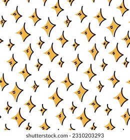 A pattern of cute little cartoon yellow stars with a contour on a white background. Seamless background with cheerful glowing stars. Ideal for printing on textiles and paper. Holiday Packaging