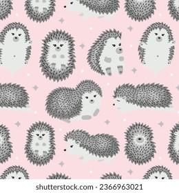 Pattern of cute little hedgehog vector icons. Adorable hedgehog cartoon character, autumn leaves, mushrooms, berries. Vector illustration, EPS 10.