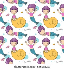 Pattern with cute little mermaid. Funny babes. Siren. Sea theme. Vector illustration for children design.