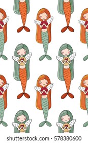 Pattern with cute little mermaid. Siren. Sea theme. vector illustration on a white background. 