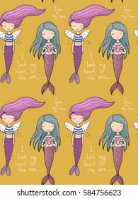 Pattern with cute little mermaid. Siren. Sea theme. Vector illustration for children design.