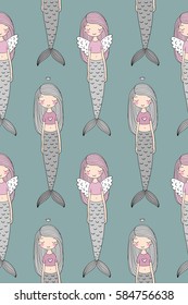 Pattern with cute little mermaid. Siren. Sea theme. Vector illustration for children design.
