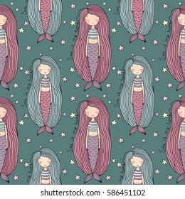 Pattern with cute little mermaid. Siren. Sea theme. Beautiful princess. Vector illustration for children design.