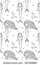Pattern with cute little mermaid. Siren. Sea theme. Beautiful princess. Vector illustration for children design.