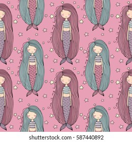 Pattern with cute little mermaid. Siren. Sea theme. Beautiful princess. Vector illustration for children design.