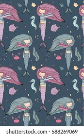 Pattern with cute little mermaid. Siren. Sea theme.Seahorse and fish. Vector illustration for children design. 