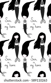 Pattern with cute little mermaid. Siren. Sea theme. Vector illustration for children design.