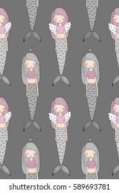 Pattern with cute little mermaid. Siren. Sea theme. Beautiful princess. Vector illustration for children design.