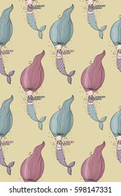 Pattern with cute little mermaid. Siren. Sea theme. Vector illustration for children design.
