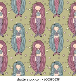 Pattern with cute little mermaid. Siren. Sea theme. Beautiful princess. Vector illustration for children design.
