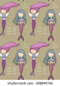 Pattern with cute little mermaid. Siren. Sea theme. Vector illustration for children design.