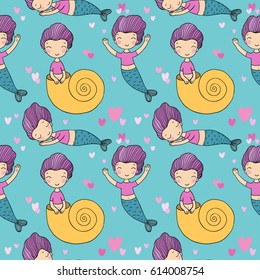 Pattern with cute little mermaid. Siren. Sea theme. Vector illustration for children design.