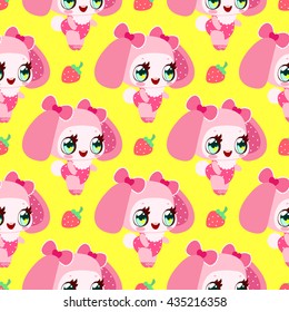 Pattern with cute little pink bunny girl and strawberry. Sweetie animals. Children's character. 