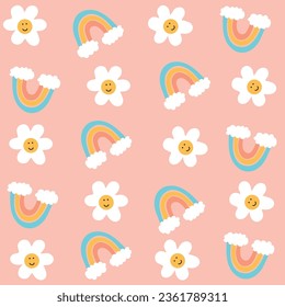 Pattern with cute little smiling flowers and rainbows in kawaii style with a pink background ready to print t-shirts, mugs and more