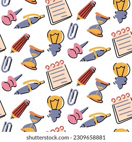 Un patrón de pequeñas pegatinas lindas con ilustraciones elegantes sobre el tema del proceso de creación. El fondo es impecable, con elementos de diseño y acogedor. Ideal para imprimir sobre textiles y papel