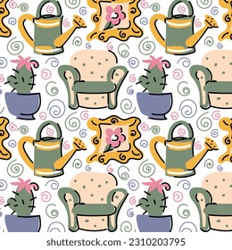A pattern of cute little stickers with stylish illustrations and details of a cozy interior. Seamless background with fashionable cozy elements. Ideal for printing on textiles and paper. Decoration