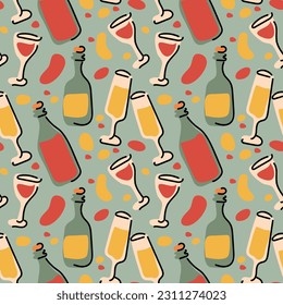 A pattern of cute little stickers with stylish illustrations of wine bottle details. Seamless background with fashionable cozy elements. Ideal for printing on textiles and paper. Decoration for a cafe