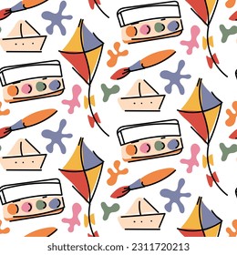 A pattern of cute little stickers with stylish hobby-themed illustrations. Seamless background with fashionable cozy elements. Ideal for printing on textiles and paper. Decoration for the store