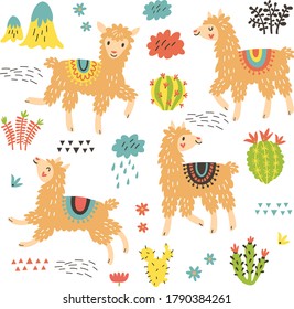 pattern with cute llamas. vector illustration