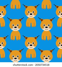Pattern of cute lynx on a colored background in cartoon childish style. Vector illustration with cute forest animal. Can be used for printing on T-shirts, children's clothing, fashion designs.