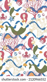 pattern with Cute mermaids, starfish, coral, fish, octopus clipart vector illustration