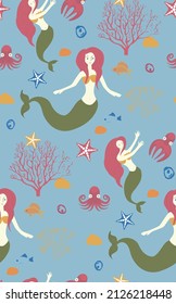 pattern with Cute mermaids, starfish, coral, fish, octopus clipart vector illustration