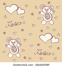 pattern with cute mice and hearts. Love lettering. Print for children's clothing.