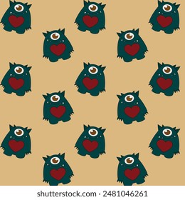 A pattern of cute monsters with hearts for children