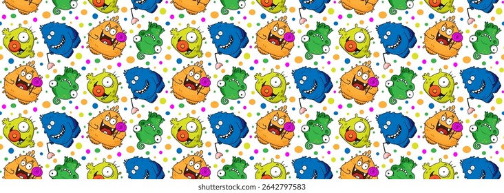 Pattern with cute monsters yellow blue green. Vector. Vector design elements, suitable for textiles, backgrounds, cards, banners, web design.