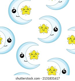 pattern with cute month with eyes and smile. seamless pattern with month and star. vector illustration, eps 10.