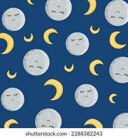 Pattern cute moons on the blue sky. In cartoon style