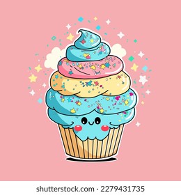 Pattern with cute muffin with smiling face, colorful cupcake. Perfect content for wallpaper, postcards, posters, fabric, napkins and other creative projects. 