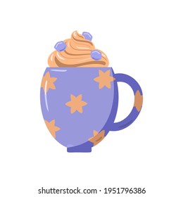 Pattern cute mugs with hot beverages (cacao, tea, coffee), 
whipped cream, candy cane, cookies. Elements for 
greeting cards design, posters, stickers.