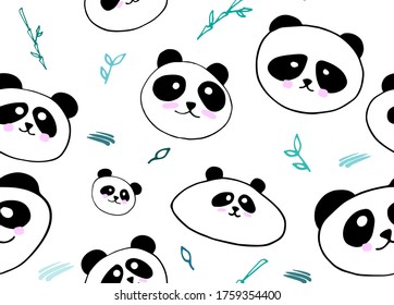 pattern of cute muzzles of pandas and twigs of bamboo with leaves